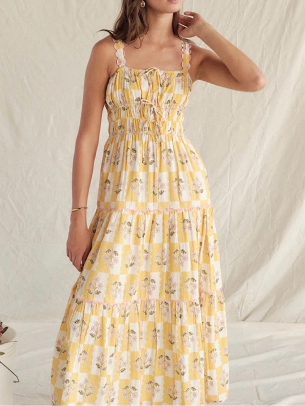 SAYLOR Yellow Floral Tiered Maxi Dress with Smocked Bodice